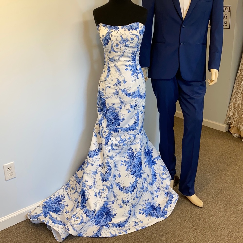 Blue and White Floral Sherri Hill Prom Dress